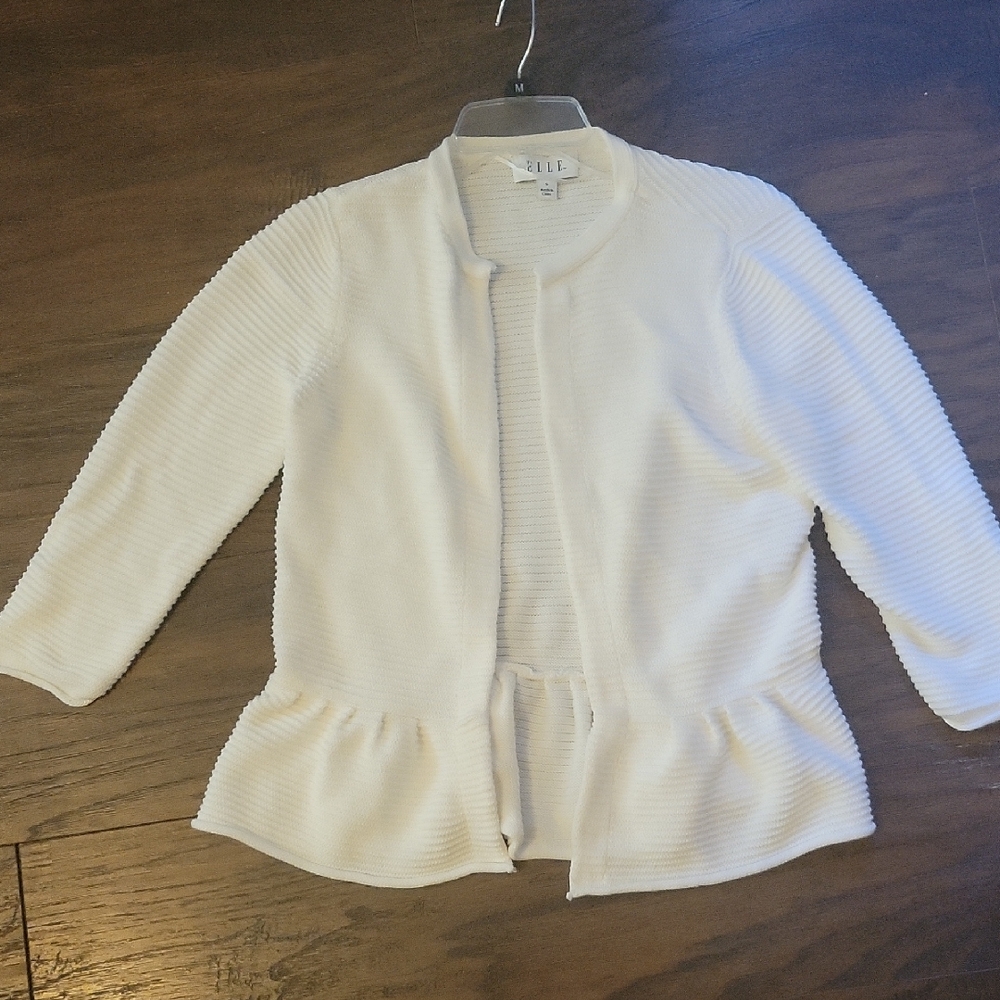 Elle Cream Ribbed Open-Front Peplum Cardigan Size S